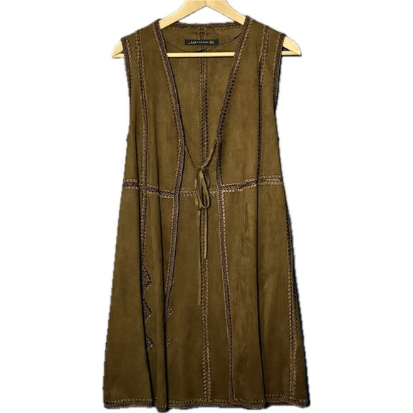 ZARA WOMAN Faux Suede Brown Waistcoat Vest Sleeveless Long Sz Small - Picture 1 of 3